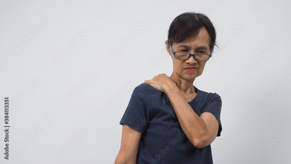 Asian senior or older woman had a back pain posture on white background. Asian senior or older woman had a back pain posture on white background.