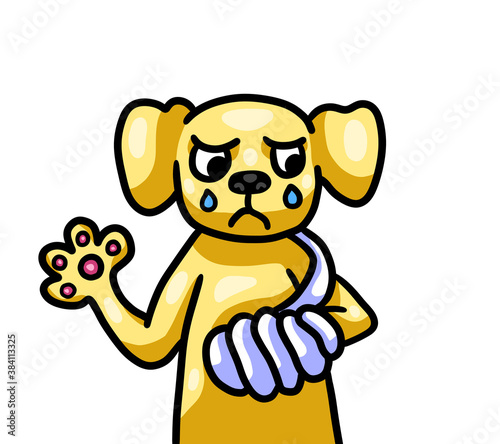 Cute Stylized Sad Crying Dog With a Broken Arm
