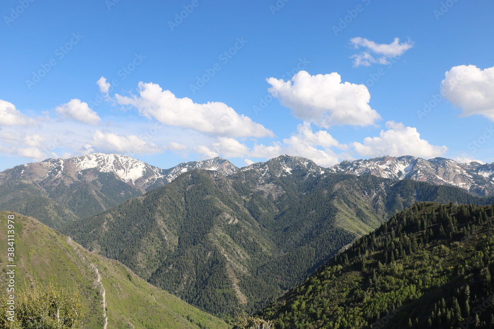 Snowcapped Wasatch Mountains from Grandeur Peak near Salt Lake City in late spring