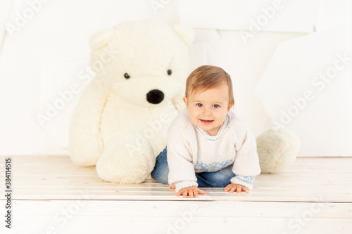 a happy little child six months old in a knitted warm jacket and blue jeans crawls at home near a large Teddy bear