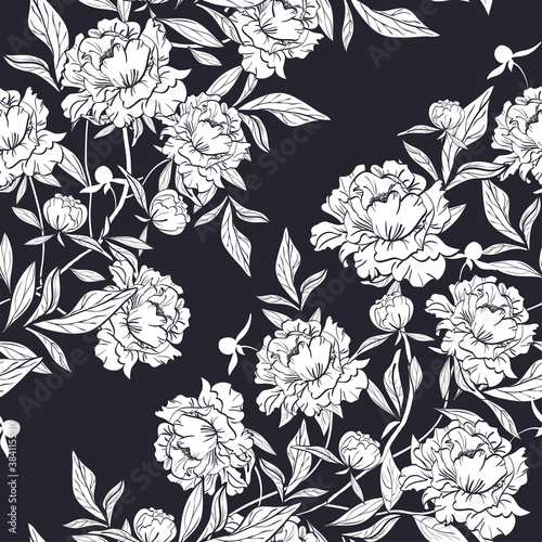 vector floral seamless pattern with elegant white peony flowers buds and leaves in line shape on black background