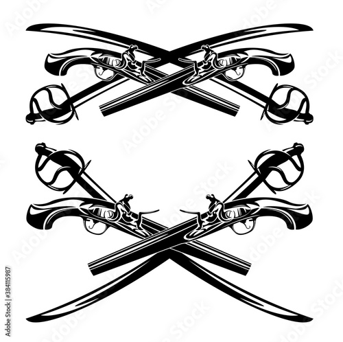 crossed sabre sword and antique pistols - pirate weapon black and white vector design set