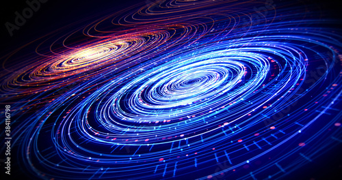Abstract Circle Shapes Digital Lines Flowing. Creative Background 3D Illustration Render. Shiny Glowing Shapes With Particle Effects. 3D Illustration Render