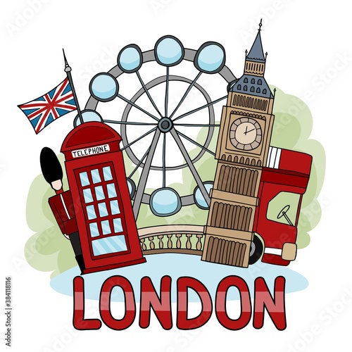 Vector illustration about Londondepicting London landmarks: telephone box, British flag, London Eye, London famous bus. Image in cartoon hand-drawn style for print and digital use.