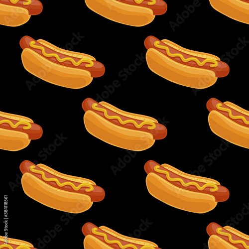 Seamless pattern of hot dog. Delicious fast food. Sausage in a bun with mustard. Vector illustration isolated on a black background for design and web.