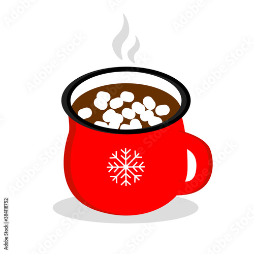 Hot chocolate with marshmallows in a red cup. Hot winter drink on a dark background. Vector illustration of sweet cocoa in cartoon flat style