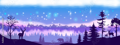 Winter vector Christmas landscape with forest outline, trees silhouette, wild animals, fog. Panoramic nature background with reindeer, bear, pine tree, night sky. Horizontal winter north landscape