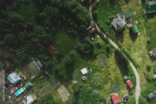 Aerial Townscape of Suburban Village Kolvica located in Northwestern Russia on the Kola Peninsula Kandalaksha Area