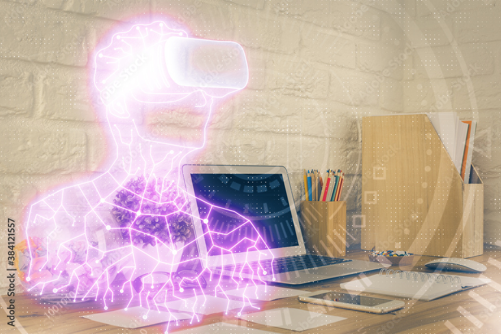Computer on desktop with AR theme icon. Multi exposure. Concept of augmented reality. Computer on desktop with AR theme icon. Multi exposure. Concept of augmented reality.