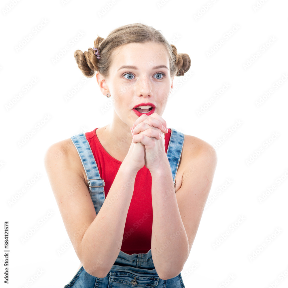 Pretty young woman depicts emotions of worry, waiting, interest, concern and surprise Pretty young woman depicts emotions of worry, waiting, interest, concern and surprise