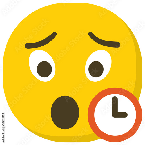 
Open mouth emoji with clock, waiting emoji flat icon 
