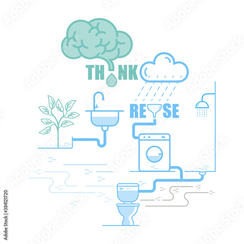Household water reuse system infographic design. The use of treated wastewater for beneficial purposes. Think water reuse typographic design. Vector illustration outline flat design style.