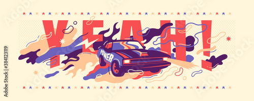 Conceptual lifestyle illustration with muscle car, typography and abstract elements. Vector illustration.