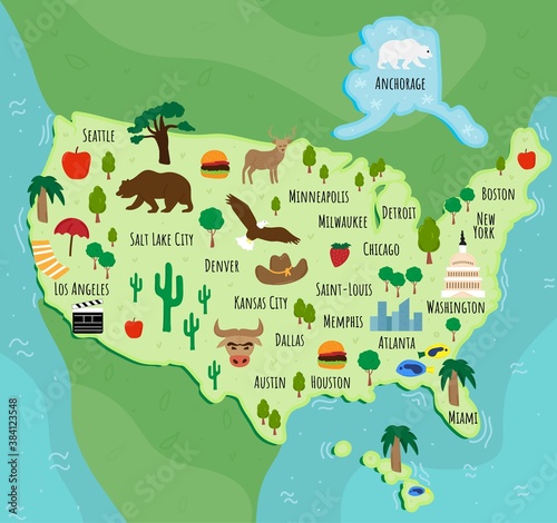 Tourist infographics about America. Cartoon map of USA. Travel illustration with landmarks, buildings, food and plants. National symbols. Famous attractions. Vector illustration.