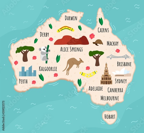 Cartoon map of Australia. Travel illustration with australian landmarks, buildings, food and plants. Funny tourist infographics. National symbols. Famous attractions. Vector illustration.