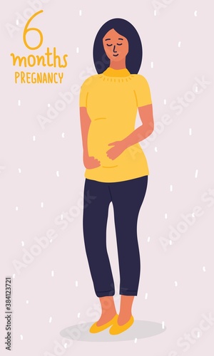 Young white pregnant woman. Second trimester of pregnancy. She strokes her stomach. Hand written lettering 6 months. Cartoon vector illustration.