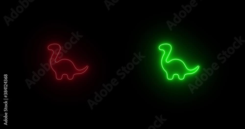 footage ywo neon dinosaurs red, green in neon round on a black background. Glow neon Silhouette of green and red dinosaur. Design template. Flat animation of UI element available in 4K video photo