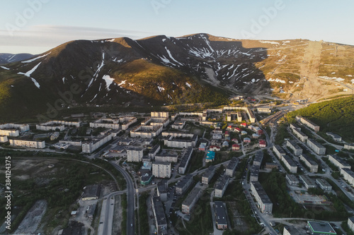 Aerial Townscape of Kirovsk Town located in Northwestern Russia on the Kola Peninsula photo