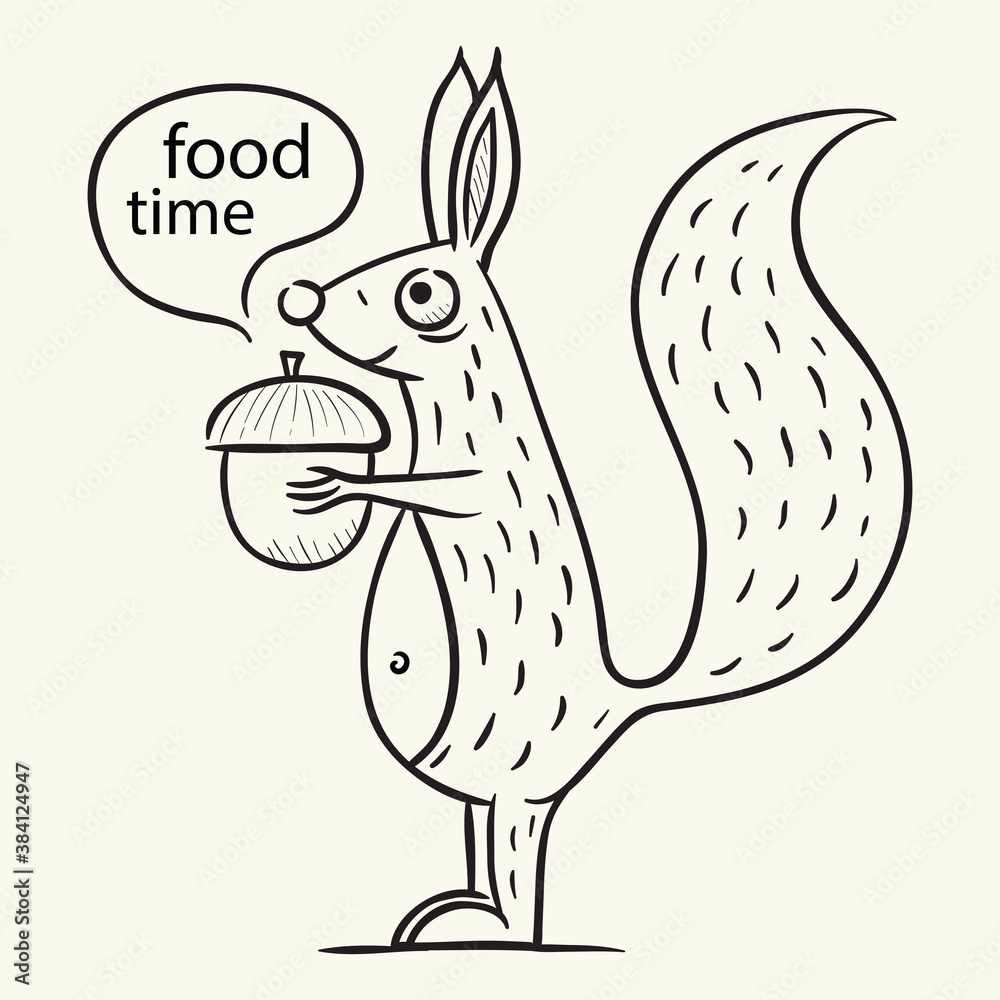 Food time. Funny squirrel is rubbing acorns in his hands. Black and white sketch vector illustration. Food time. Funny squirrel is rubbing acorns in his hands. Black and white sketch vector illustration.