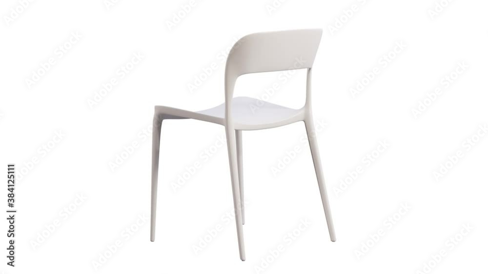Circular animation of white plastic chair with thin legs. Curved mid-century chair on white background. Turntable 3d render Circular animation of white plastic chair with thin legs. Curved mid-century chair on white background. Turntable 3d render