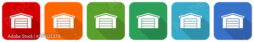 Garage building icon set, flat design vector illustration in 6 colors options for webdesign and mobile applications