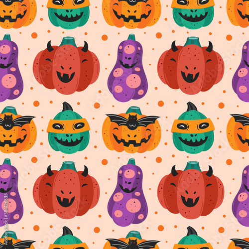 Spooky pumpkins in scary costumes. Happy Halloween seamless pattern  texture  background. Packaging design. Flat cartoon vector.
