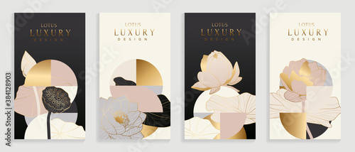 Luxury cover design template. Lotus line arts hand draw gold lotus flower and leaves. Design for packaging design, social media post, cover, banner, creative post, Gold geometric pattern design vector