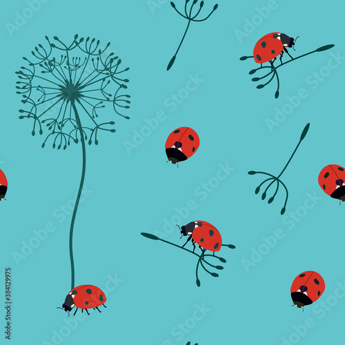 Vector seamless illustration with ladybugs and dandelion