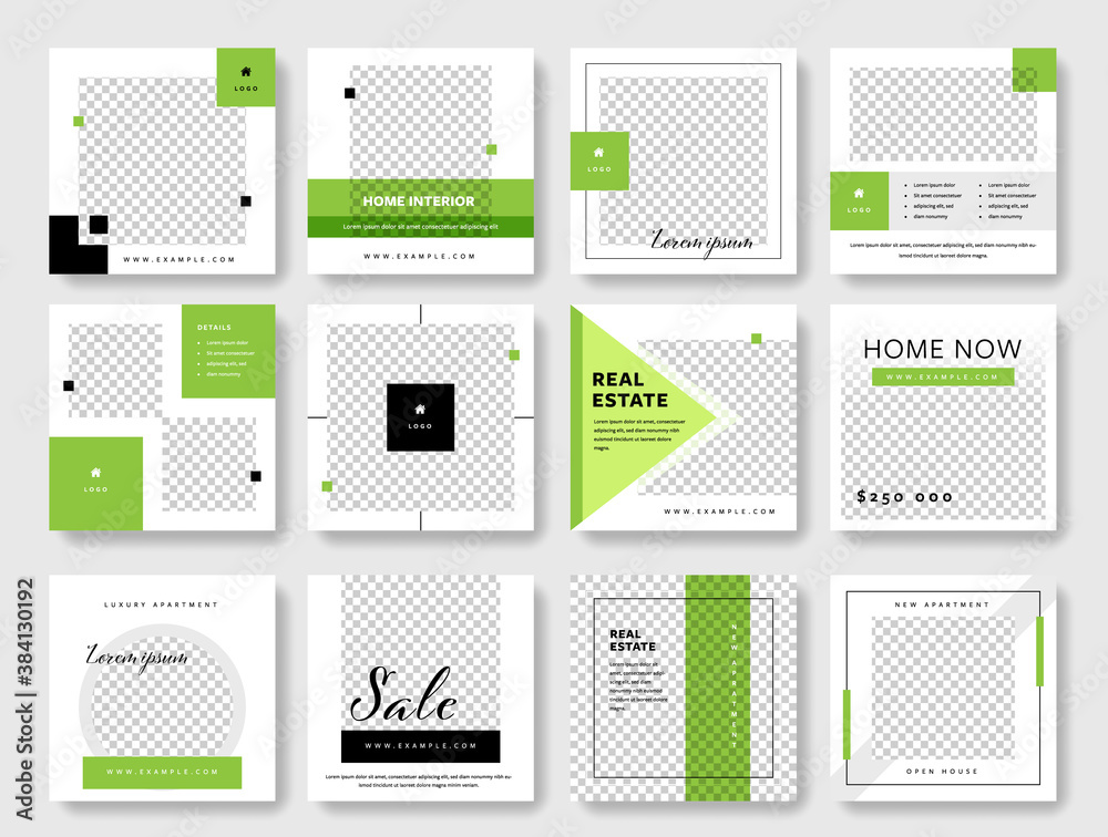 Social media post template collection with green accent. Square graphic banners for online advertisement and digital marketing. Editable real estate designs for agents Social media post template collection with green accent. Square graphic banners for online advertisement and digital marketing. Editable real estate designs for agents