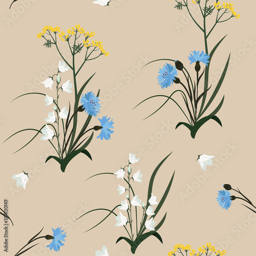 Seamless vector illustration with flowers of cornflower, herbals and campanula