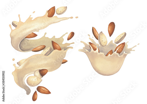 Foto Watercolor splashes of plant based milk with almond nuts.