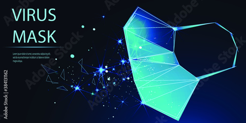 Protective face mask. Protection against viruses, bacteria, smog. Symbol of protection against the flu. Polygonal abstract isolated on blue background. Low poly wireframe style. Vector