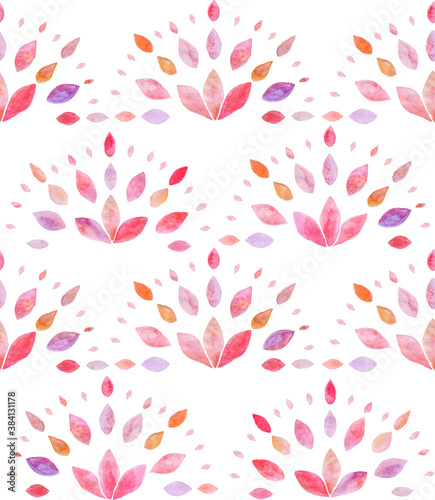 Decorative leaves arranged in a semicircle like in a mandala. Watercolor Seamless patternl pink red element. Stylized leaves, flower
