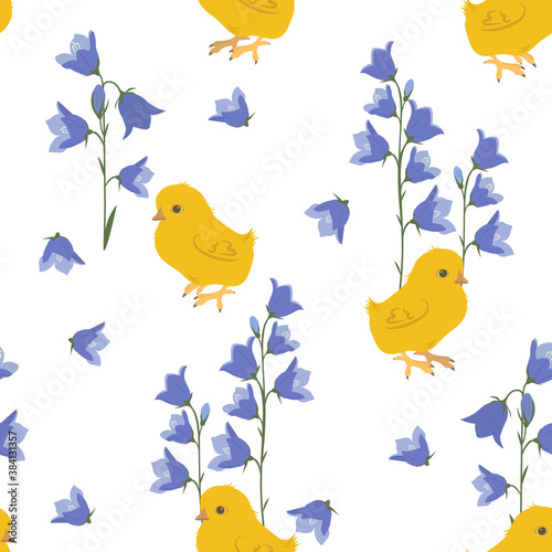 Seamless vector illustration with campanula and chickens