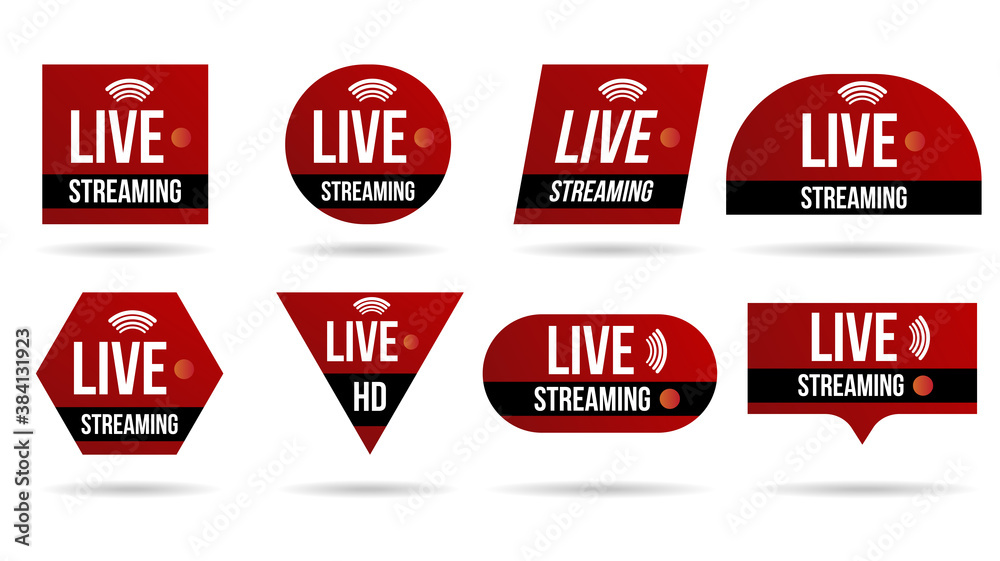 Set of live video streaming icons logo tv news banner interface.Red symbols lower third template broadcast.Red set of media labels on transparent background. Set of live video streaming icons logo tv news banner interface.Red symbols lower third template broadcast.Red set of media labels on transparent background.