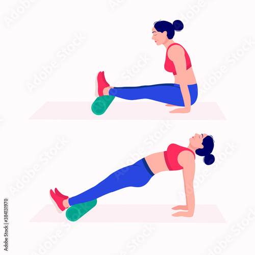 Foam Roller Workout. women exercise vector set. Women doing fitness and yoga exercises with Foam Roller. 