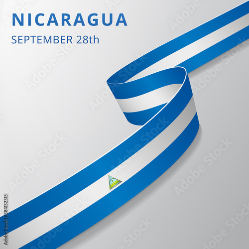 Flag of Nicaragua. 28th of September. Vector illustration. Wavy ribbon on gray background. Independence day. National symbol.
