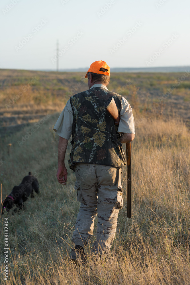 Duck hunter with shotgun walking through a meadow. Duck hunter with shotgun walking through a meadow.