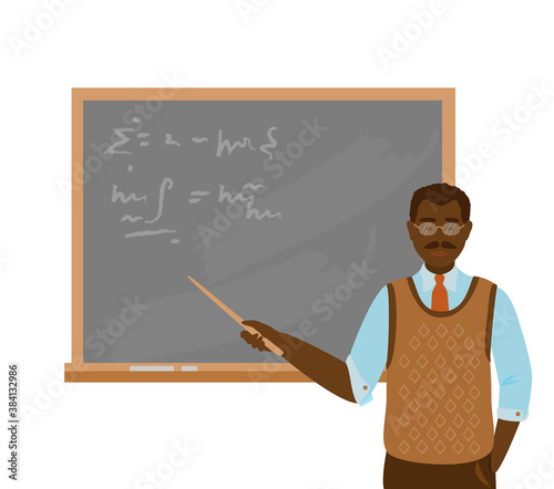 African american professor or teacher near blackboard with pointer. Black man in shirt with tie in waist coat. Character design. Flat cartoon vector illustration.