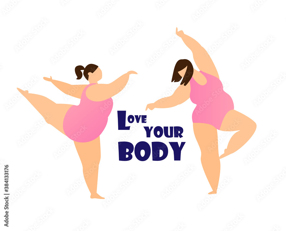Love your body concept.Dancing  elegant plus size women in pink swimsuits. Body positive. Flat vector illustration. 
