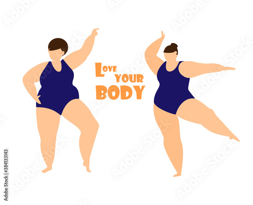 Love your body and body positive concept. Plus size women in different poses in swimsuits. Dancing, sitting, reading, observing, meditating. Vector illustration.