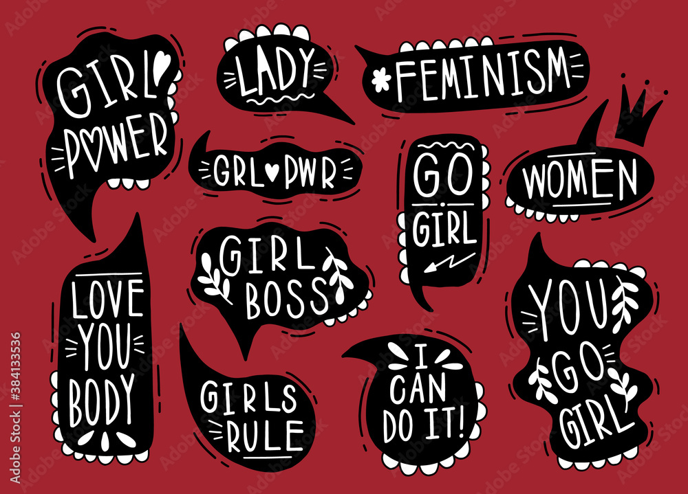 Fototapeta premium Collection hand drawn communicate feminism speech. Design element slogan doodle business message.