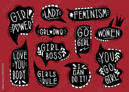 Collection hand drawn communicate feminism speech. Design element slogan doodle business message.