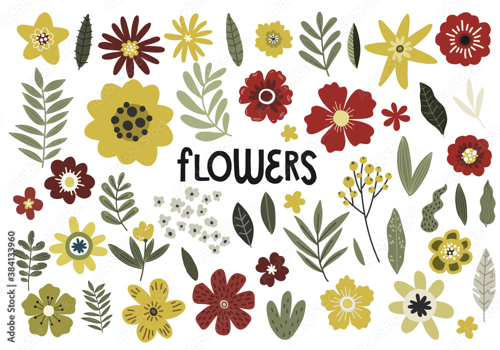 set of yellow and red flowers and branches, vector hand drawing pattern design set of yellow and red flowers and branches, vector hand drawing pattern design