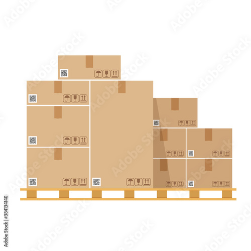 Pile of brown cardboard boxes on wooden pallet. Warehouse parts box on wood tray. Cargo box. Vector illustration isolated on white background.	