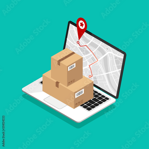 Isometric laptop with map navigation on a screen. Cardboard boxes and delivery concept. GPS navigator with red pinpoint. City map with point markers. Vector illustration.