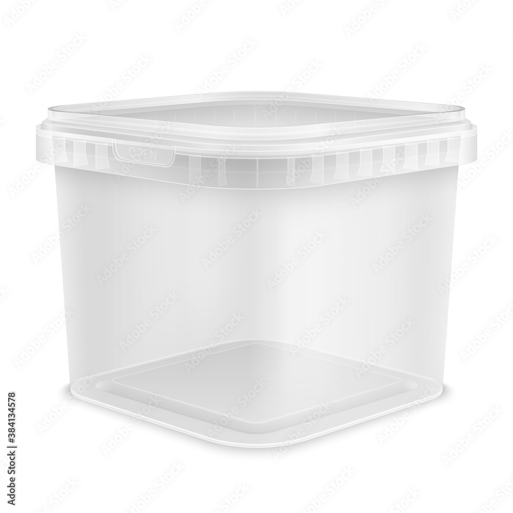 Transparent square empty plastic bucket. Front view from the corner mockup isolated on white background.. Transparent square empty plastic bucket. Front view from the corner mockup isolated on white background..