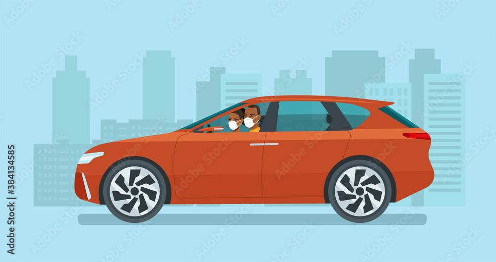 Modern electric CUV car with a young afro man and woman in a medical mask driving on a background of abstract cityscape. Vector flat style illustration.
