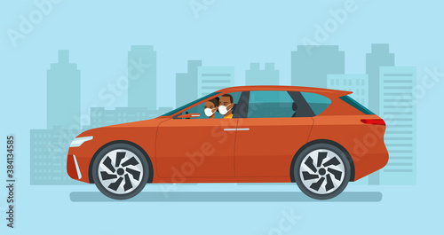 Fototapeta Naklejka Na Ścianę i Meble -  Modern electric CUV car with a young afro man and woman in a medical mask driving on a background of abstract cityscape. Vector flat style illustration.