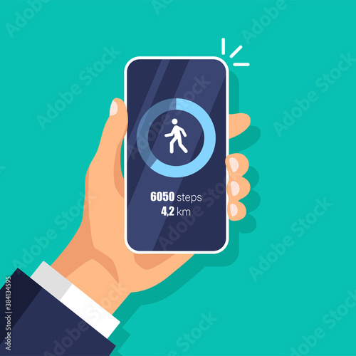 Fitness steps tracker app on mobile phone. Pedometer concept. Day activity and tracking data on smartphone display. Vector illustration.